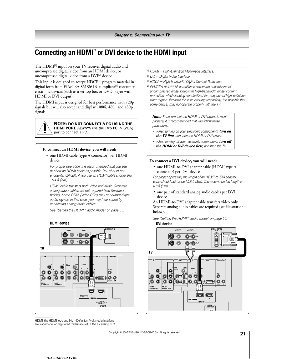 Toshiba 62HMX95, 52HMX95 Connecting an HDMIª or DVI device to the Hdmi input, To connect an Hdmi device, you will need 