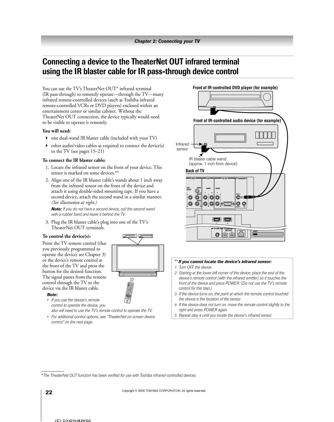 Toshiba 52HMX95, 62HMX95 owner manual To connect the IR blaster cable, To control the devices, Infrared sensor 