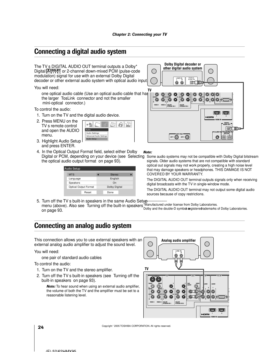 Toshiba 52HMX95, 62HMX95 Connecting a digital audio system, Connecting an analog audio system, To control the audio, Menu 