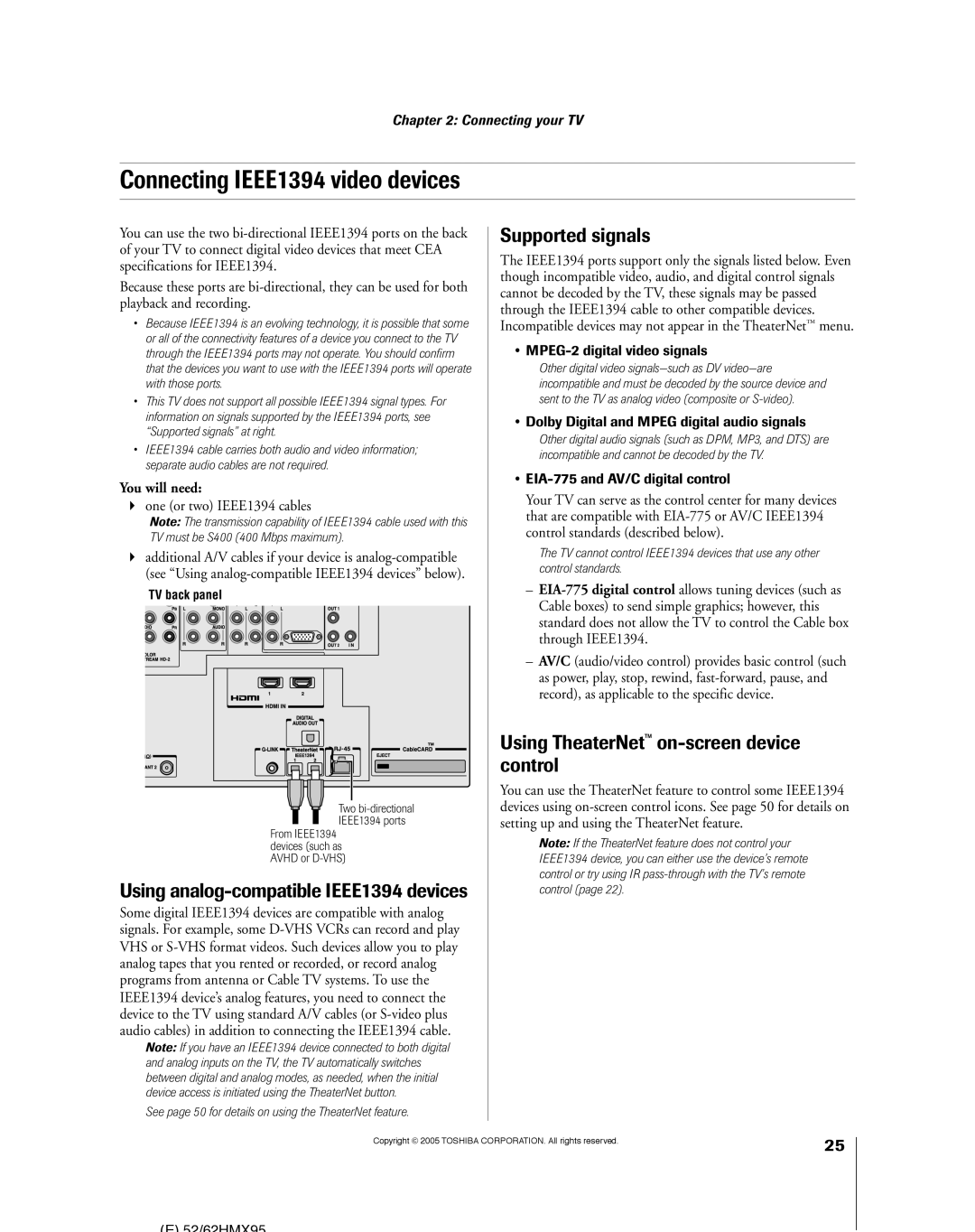 Toshiba 62HMX95, 52HMX95 Connecting IEEE1394 video devices, One or two IEEE1394 cables, ¥ MPEG-2 digital video signals 