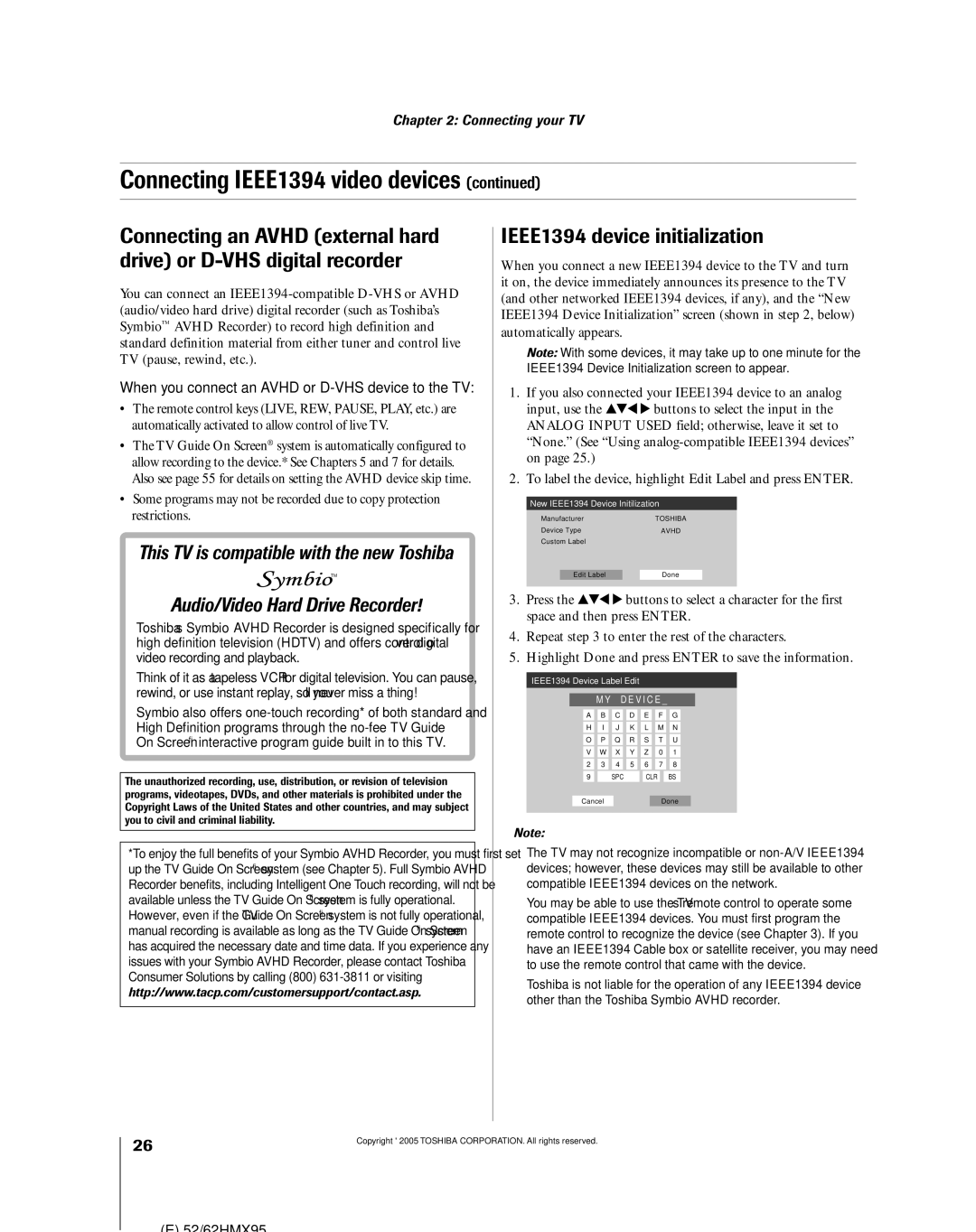 Toshiba 52HMX95, 62HMX95 owner manual IEEE1394 device initialization, When you connect an Avhd or D-VHS device to the TV 