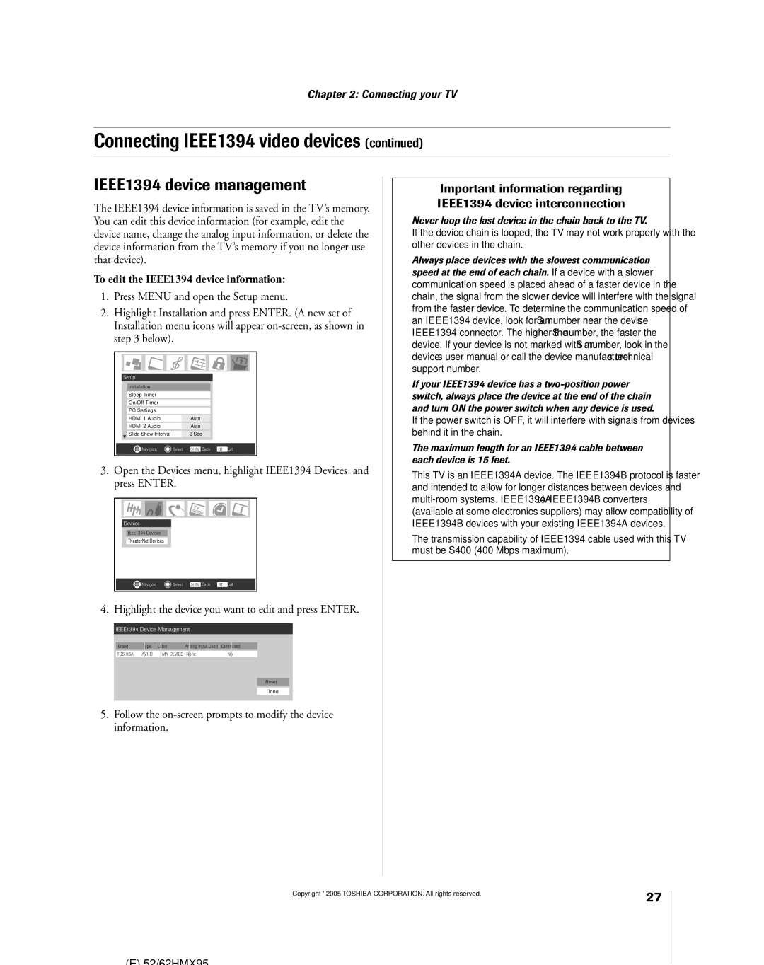 Toshiba 62HMX95, 52HMX95 owner manual IEEE1394 device management, To edit the IEEE1394 device information 