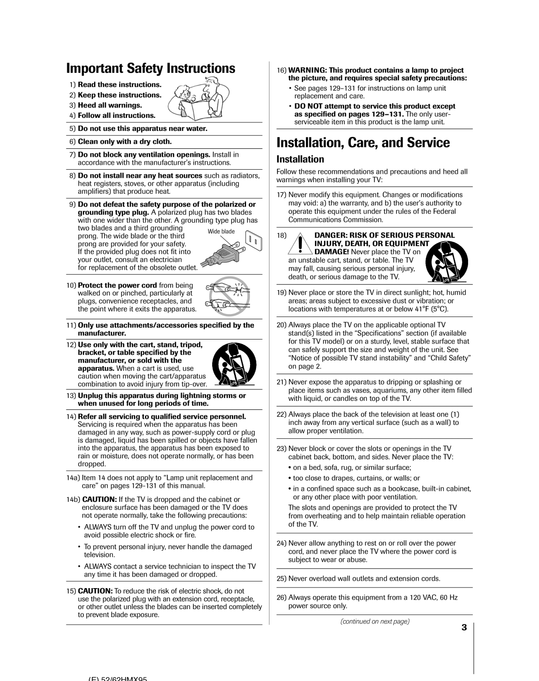 Toshiba 62HMX95 Important Safety Instructions, Installation, Care, and Service, For replacement of the obsolete outlet 