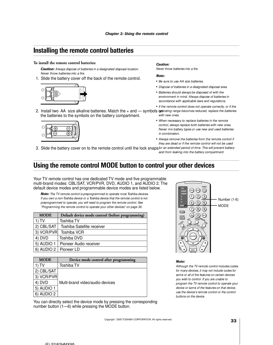 Toshiba 62HMX95, 52HMX95 owner manual Installing the remote control batteries, To install the remote control batteries 