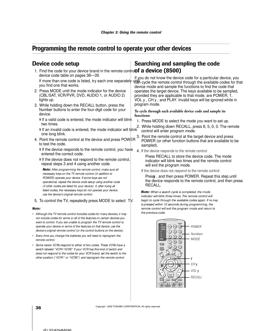 Toshiba 52HMX95, 62HMX95 owner manual Device code setup, Searching and sampling the code of a device, Numbers, CH y VOL y 