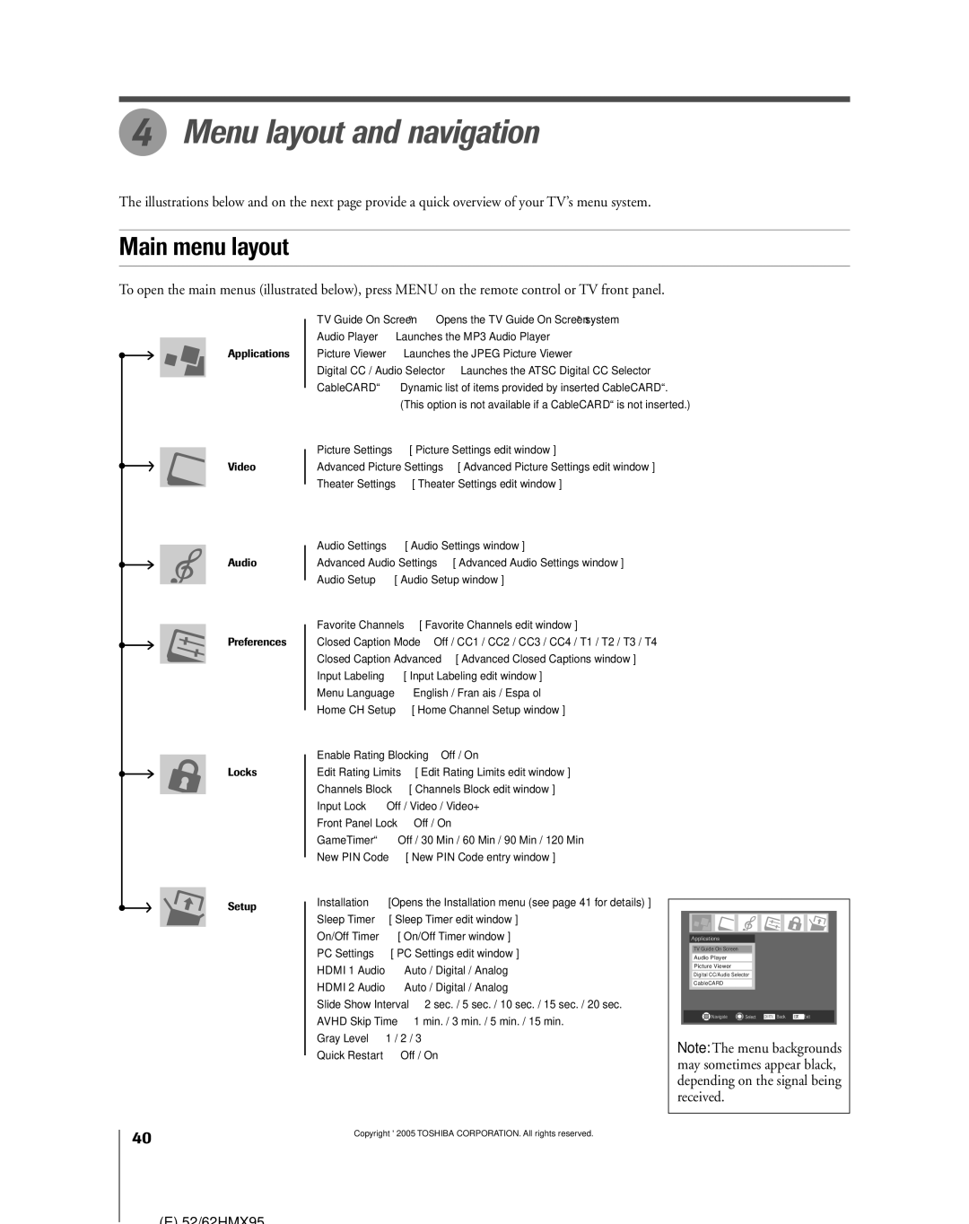 Toshiba 52HMX95, 62HMX95 owner manual Menu layout and navigation, Main menu layout 