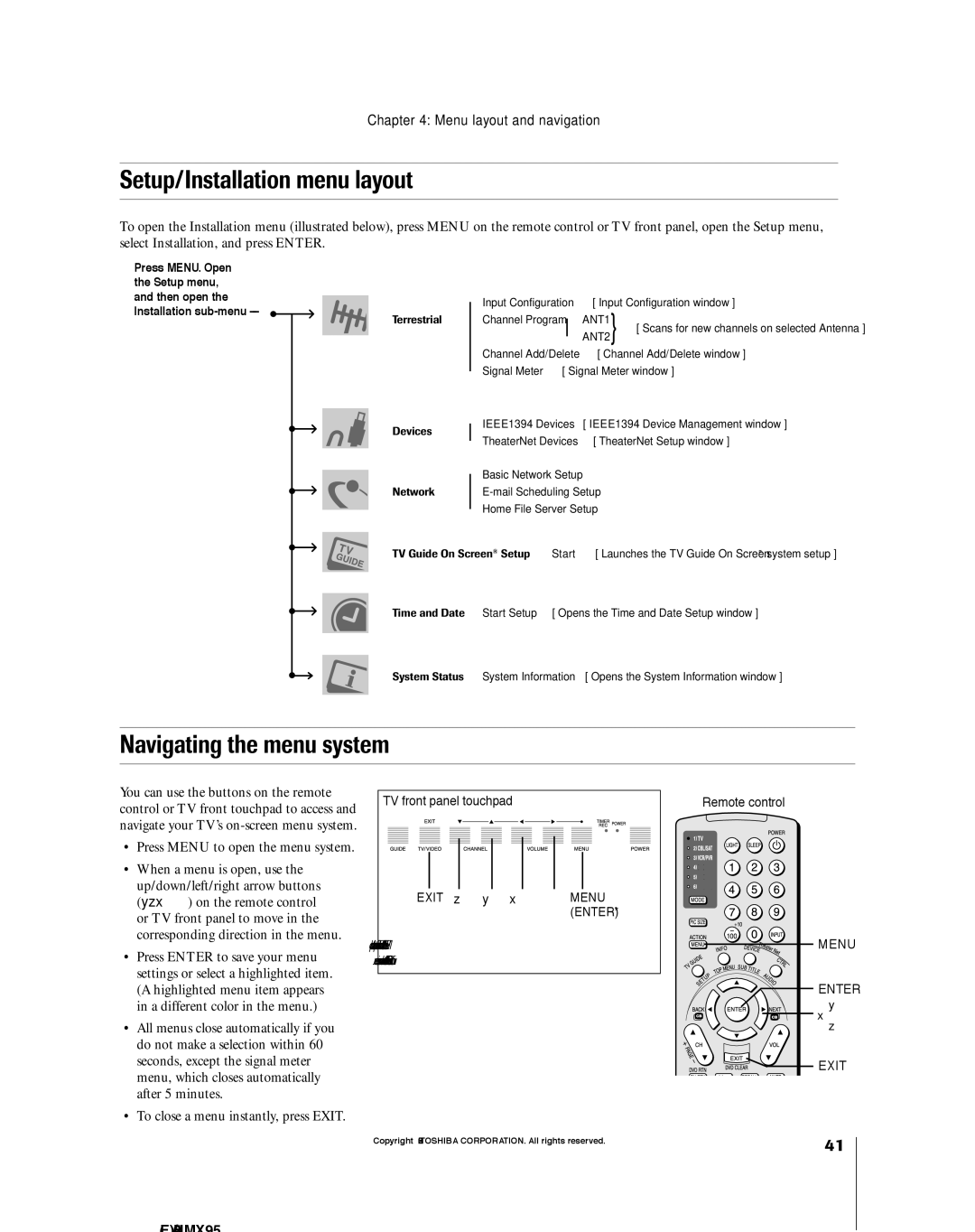 Toshiba 62HMX95 Setup/Installation menu layout, Navigating the menu system, TV front panel touchpad Exit z y x Menu Enter 