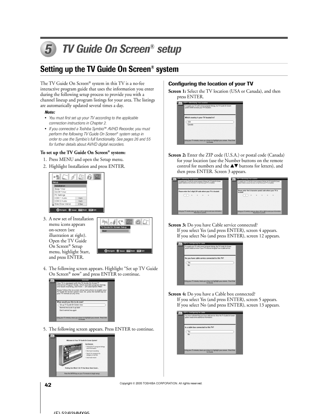 Toshiba 52HMX95 TV Guide On Screen setup, Setting up the TV Guide On Screen system, Configuring the location of your TV 