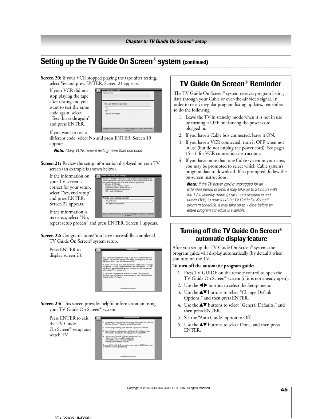 Toshiba 62HMX95, 52HMX95 TV Guide On Screen Reminder, If your VCR did not, To turn off the automatic program guide 