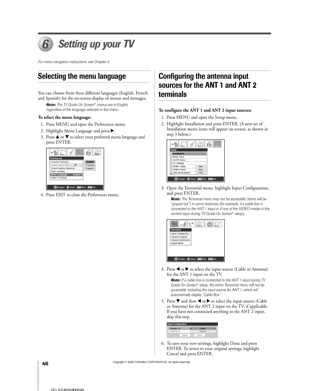 Toshiba 52HMX95, 62HMX95 Setting up your TV, Selecting the menu language Configuring the antenna input, Terminals 