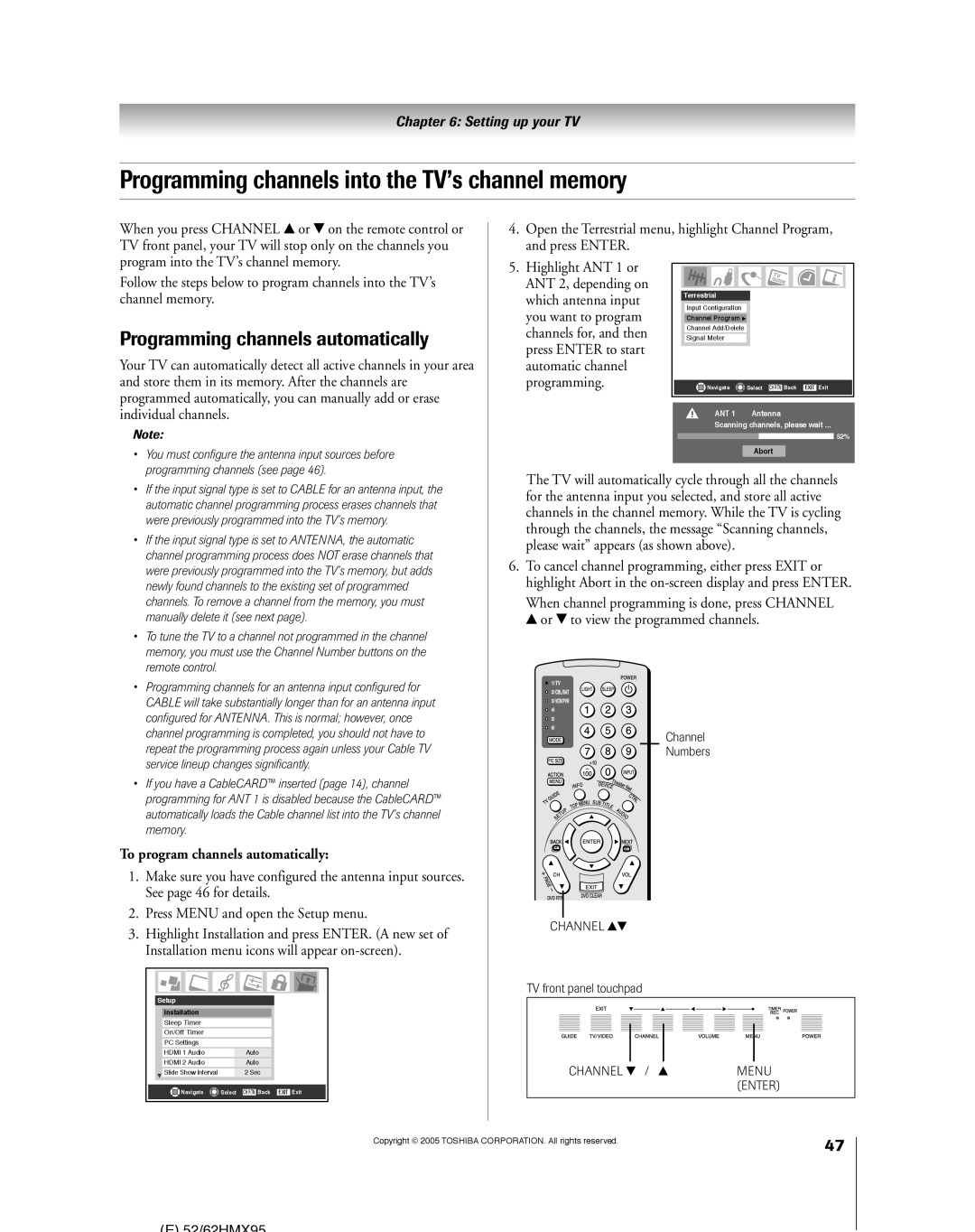 Toshiba 62HMX95, 52HMX95 owner manual Programming channels into the TV’s channel memory, To program channels automatically 