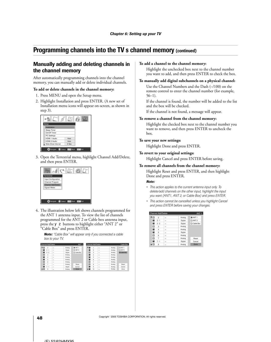 Toshiba 52HMX95, 62HMX95 To add or delete channels in the channel memory, To add a channel to the channel memory 