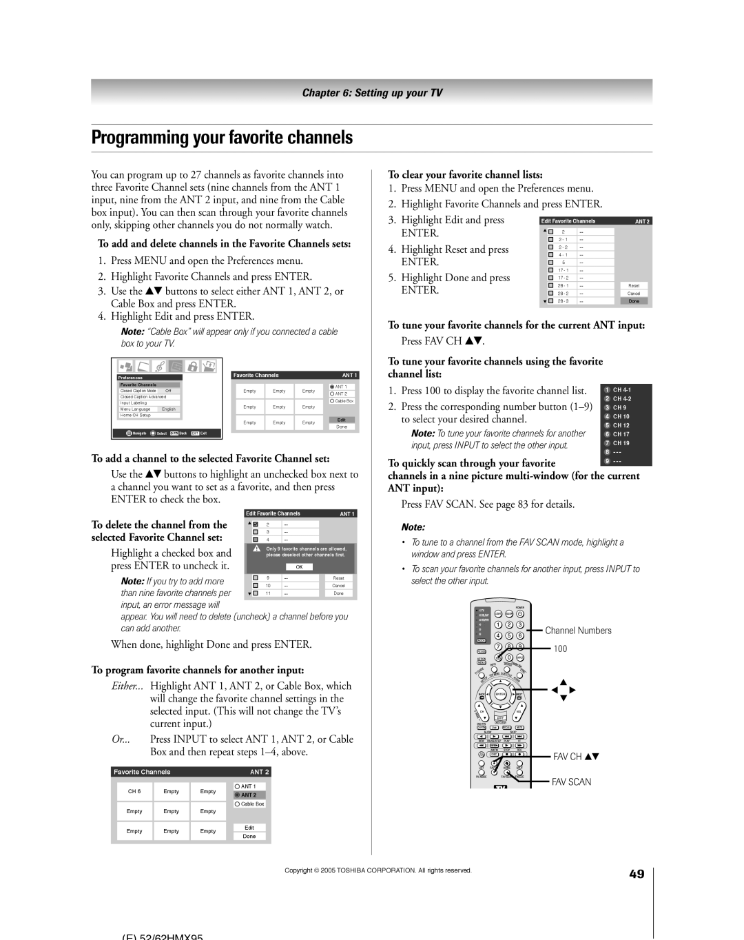 Toshiba 62HMX95, 52HMX95 owner manual Programming your favorite channels 