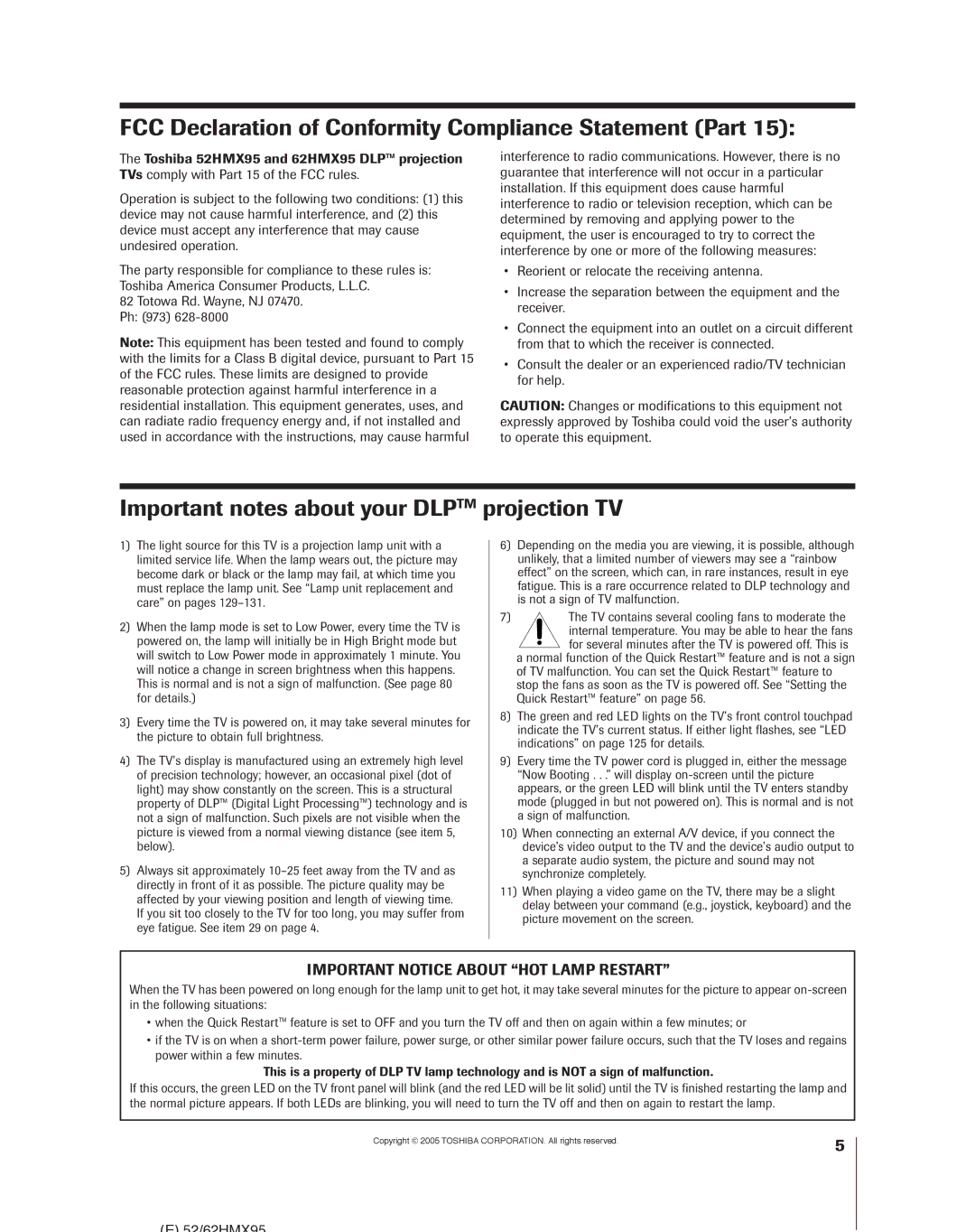 Toshiba 62HMX95 FCC Declaration of Conformity Compliance Statement Part, Important notes about your Dlptm projection TV 