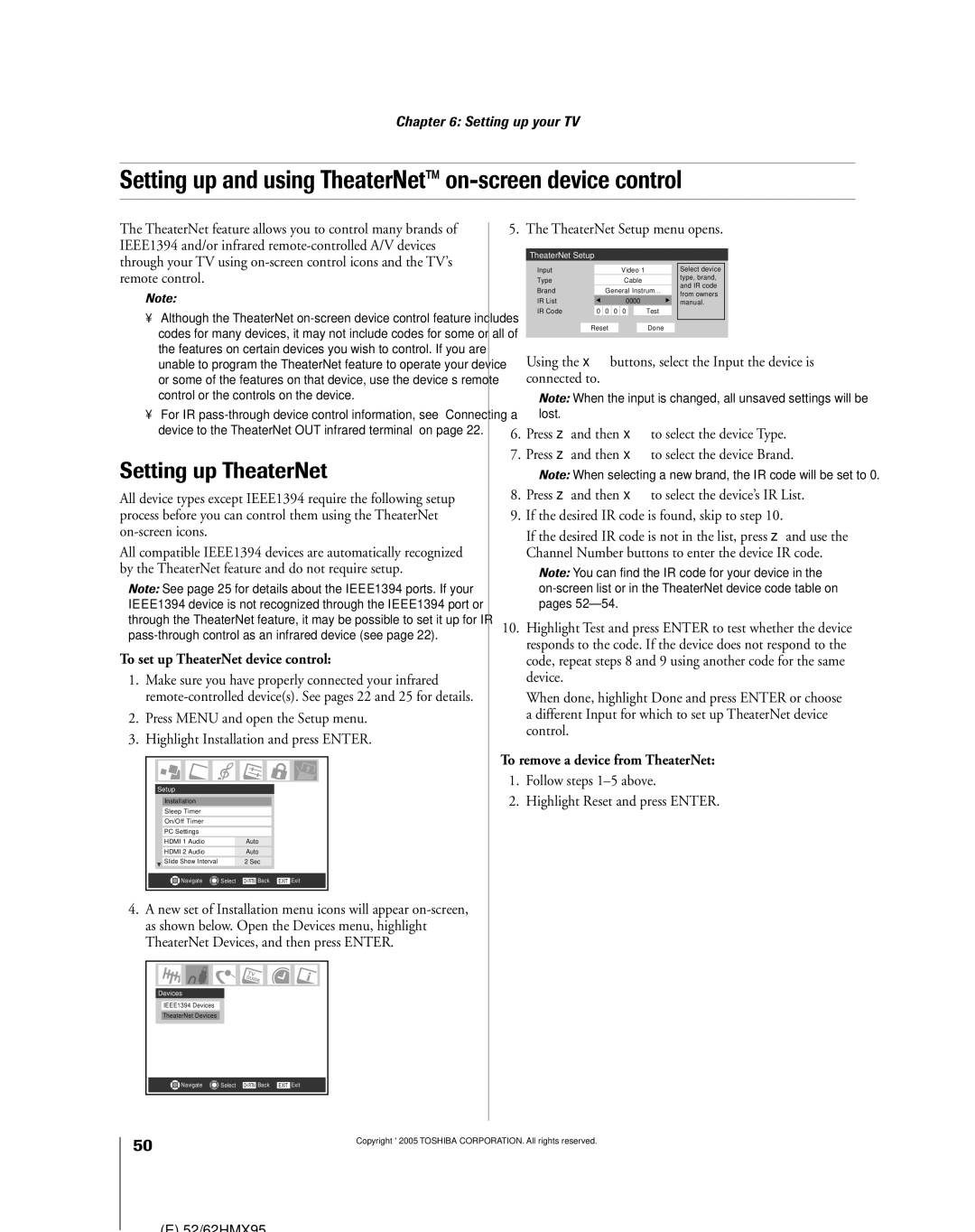 Toshiba 52HMX95, 62HMX95 owner manual Setting up and using TheaterNetª on-screen device control, Setting up TheaterNet 