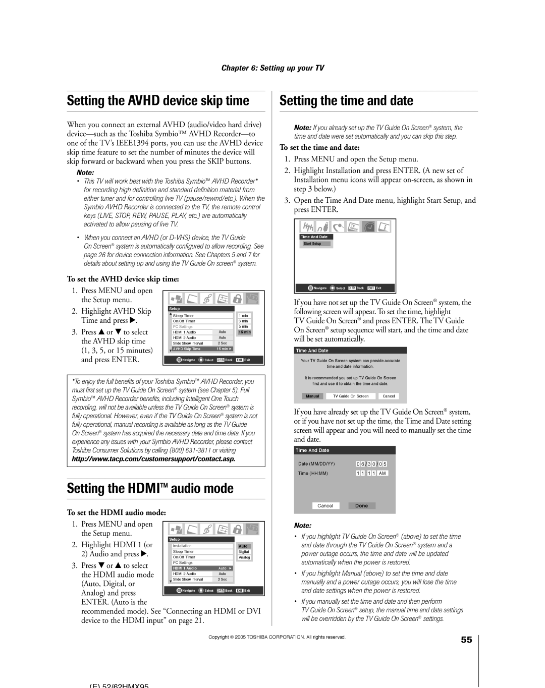 Toshiba 62HMX95, 52HMX95 Setting the time and date, Setting the HDMIª audio mode, To set the Avhd device skip time 