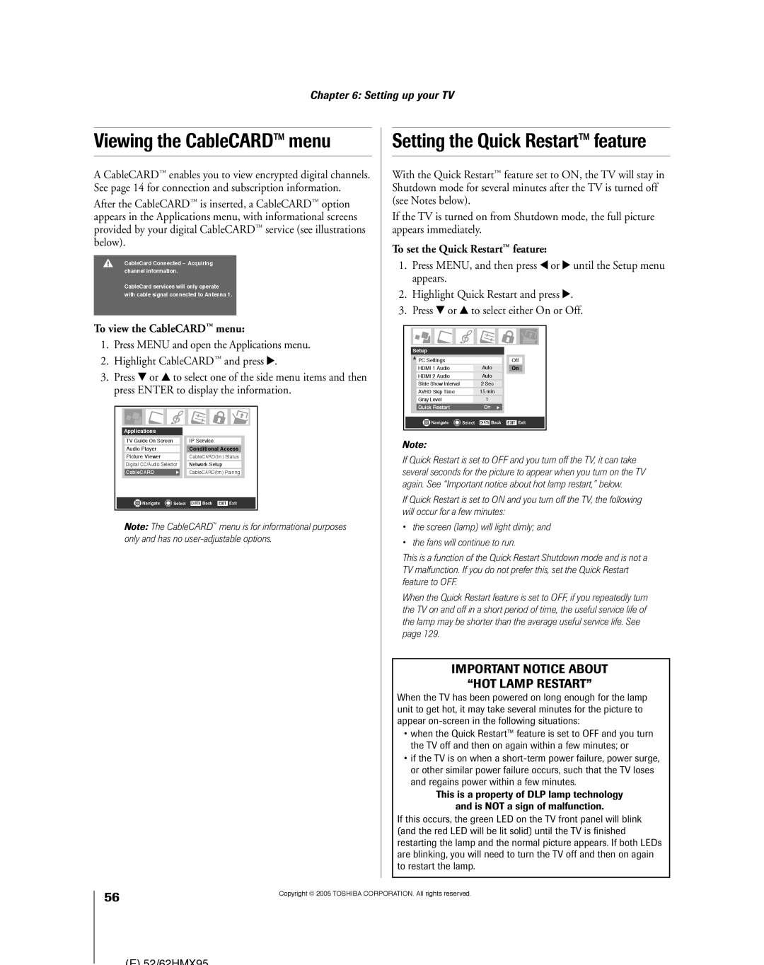 Toshiba 52HMX95, 62HMX95 Viewing the CableCARDª menu, Setting the Quick Restartª feature, To view the CableCARD menu 