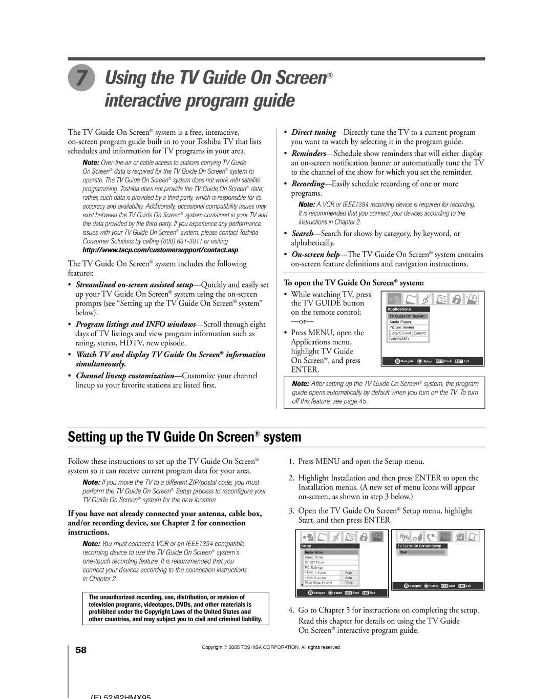 Toshiba 52HMX95 Setting up the TV Guide On Screen¨ system, TV Guide On Screen system includes the following features 