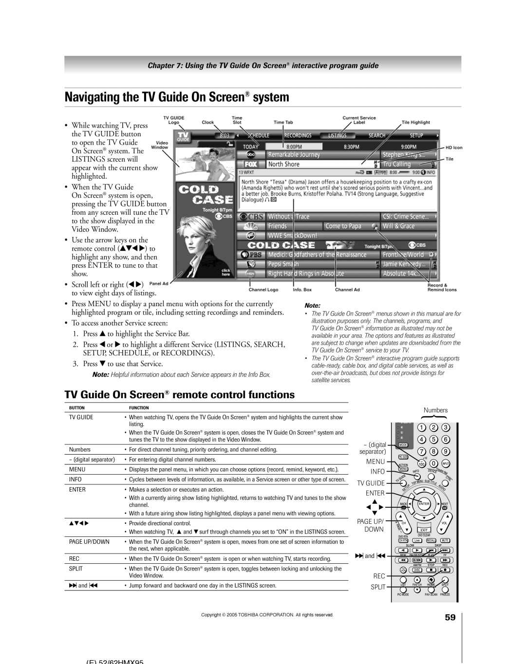 Toshiba 62HMX95, 52HMX95 Navigating the TV Guide On Screen¨ system, TV Guide On Screen¨ remote control functions 