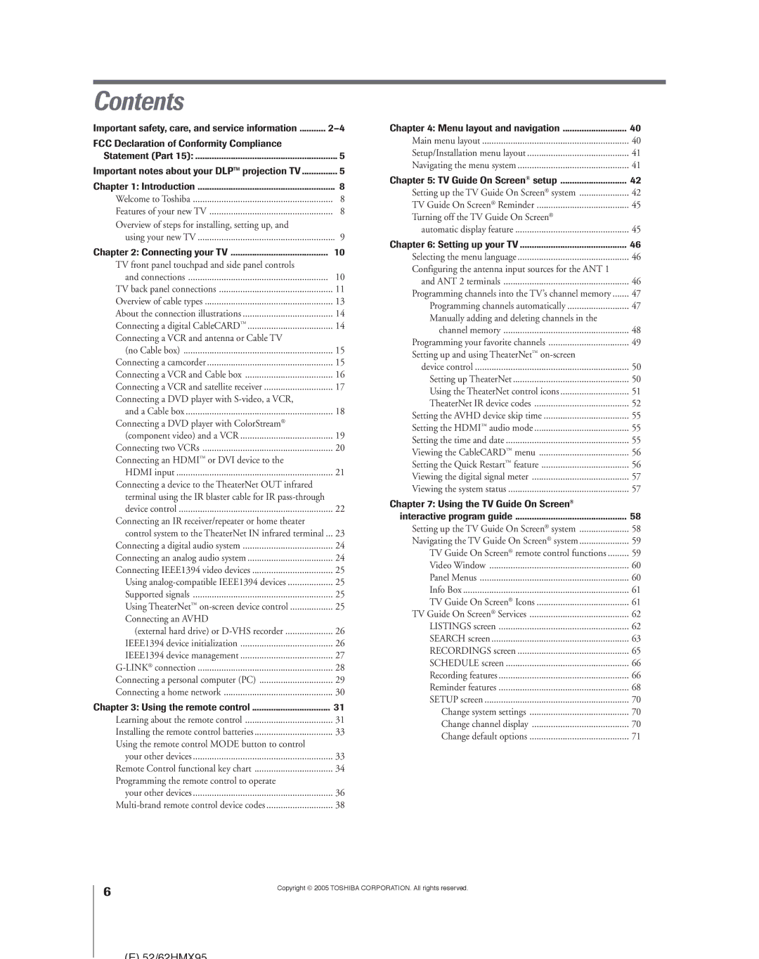 Toshiba 52HMX95, 62HMX95 owner manual Contents 