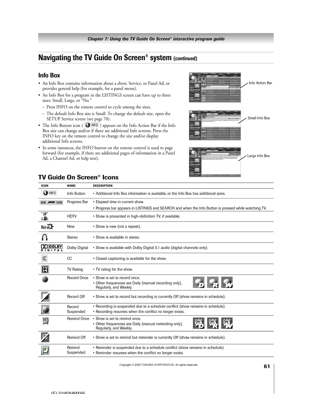 Toshiba 62HMX95, 52HMX95 owner manual Info Box, ¥ Show is presented in high-definition TV, if available 