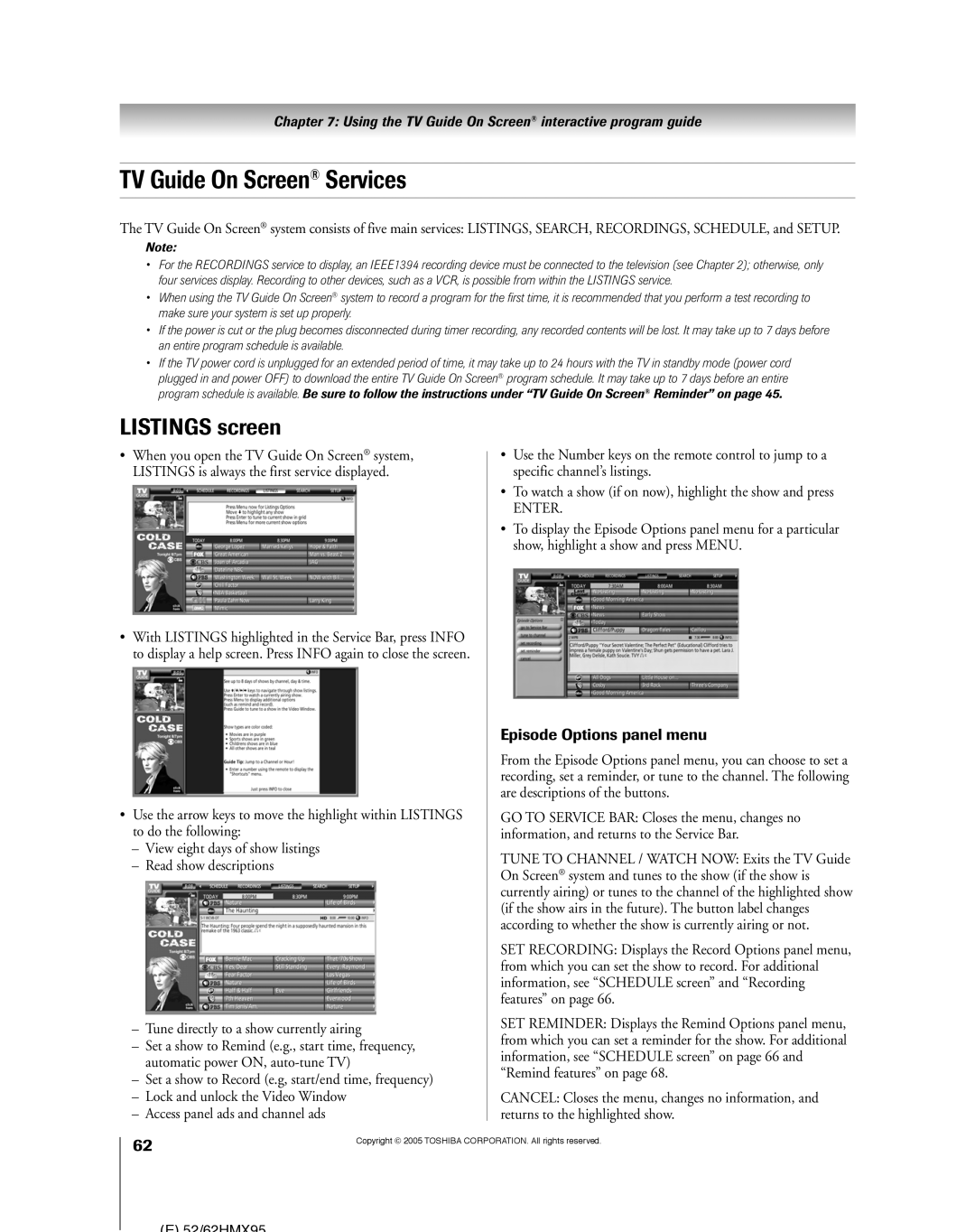 Toshiba 52HMX95, 62HMX95 owner manual TV Guide On Screen¨ Services, Listings screen, Episode Options panel menu 