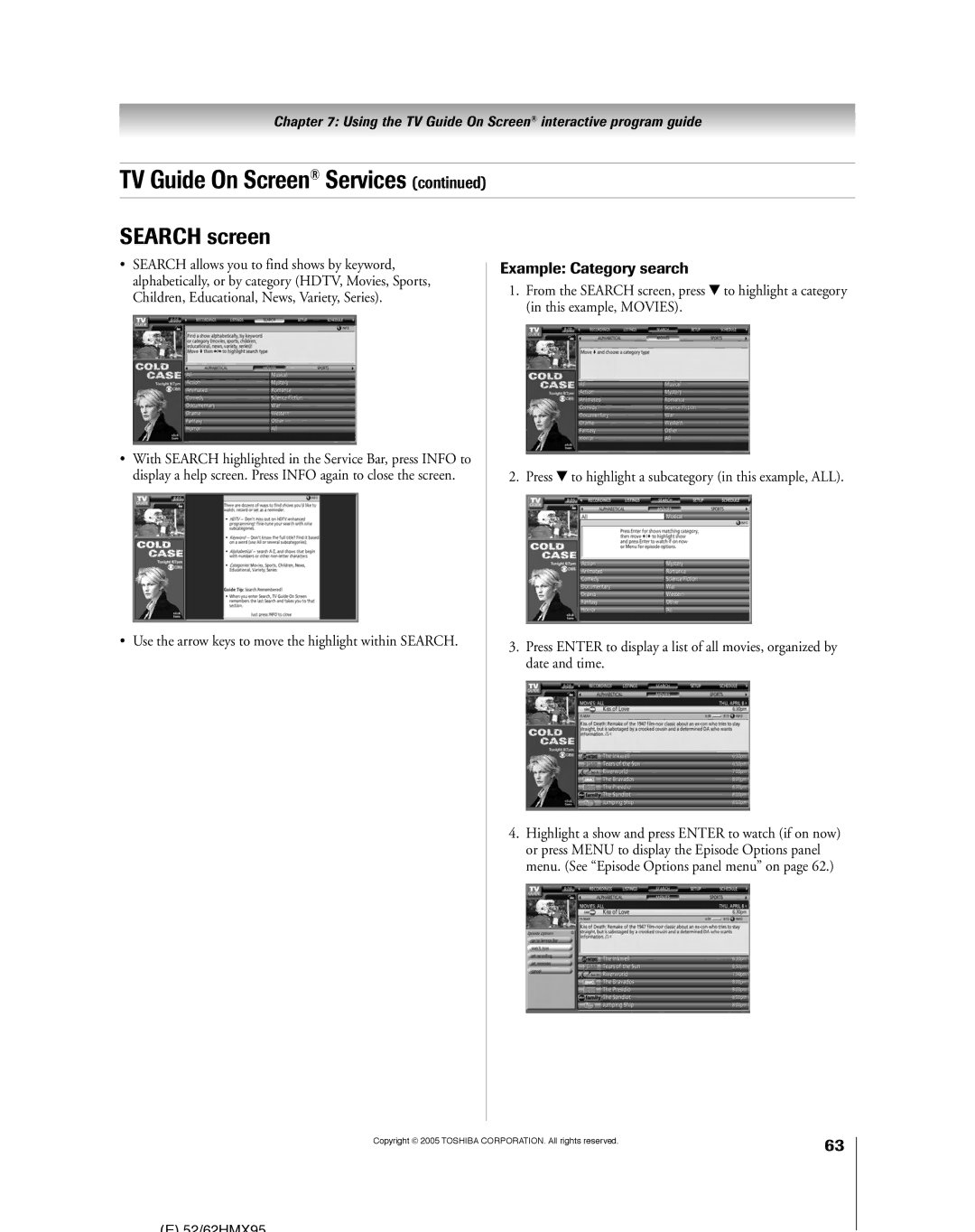 Toshiba 62HMX95, 52HMX95 owner manual Search screen, Example Category search 