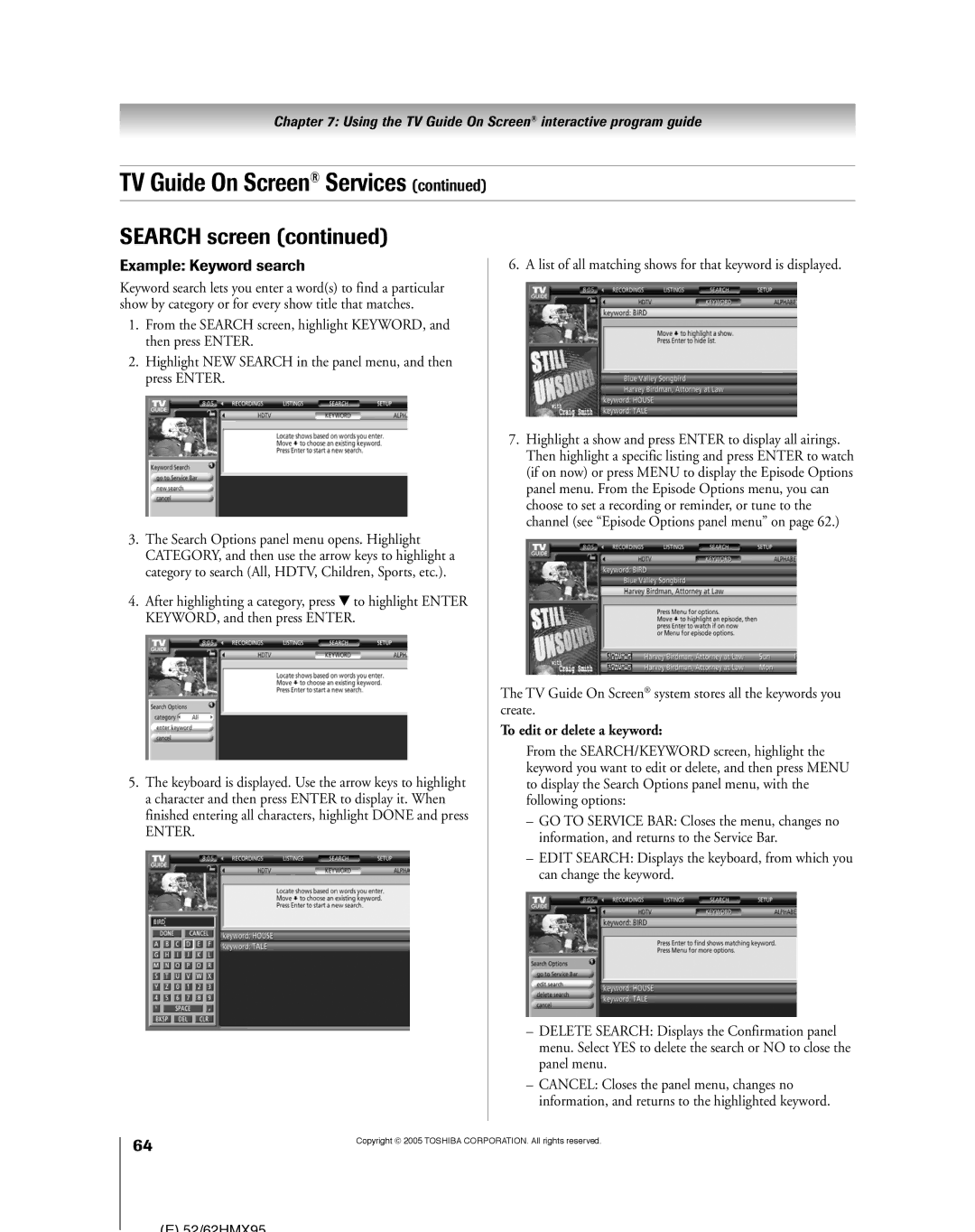 Toshiba 52HMX95, 62HMX95 owner manual Example Keyword search, List of all matching shows for that keyword is displayed 