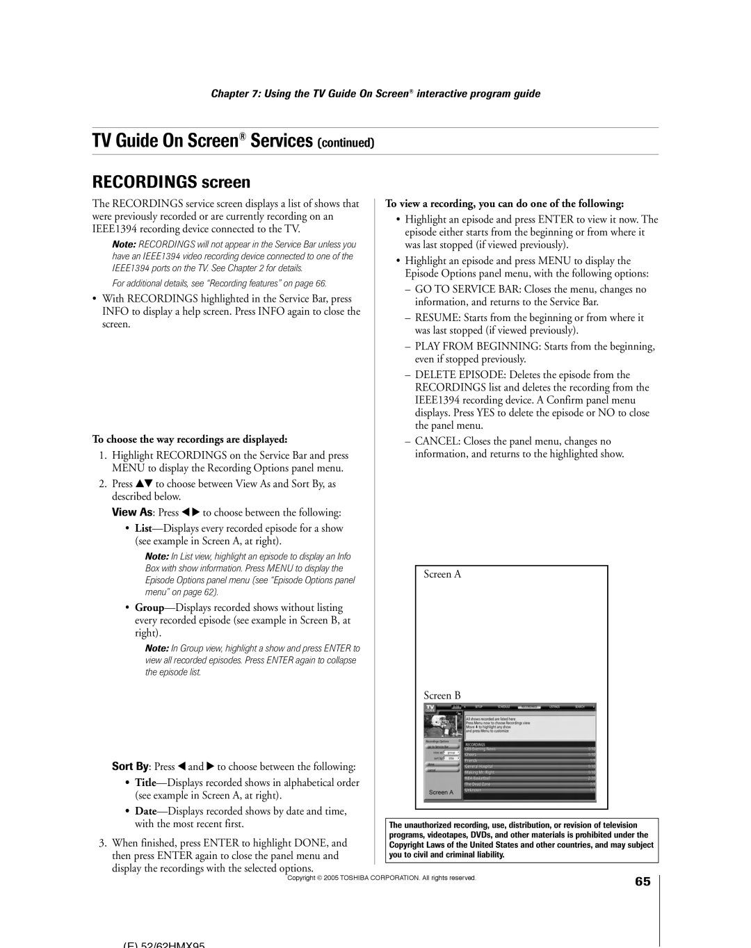 Toshiba 62HMX95, 52HMX95 owner manual Recordings screen, To choose the way recordings are displayed, Screen a Screen B 