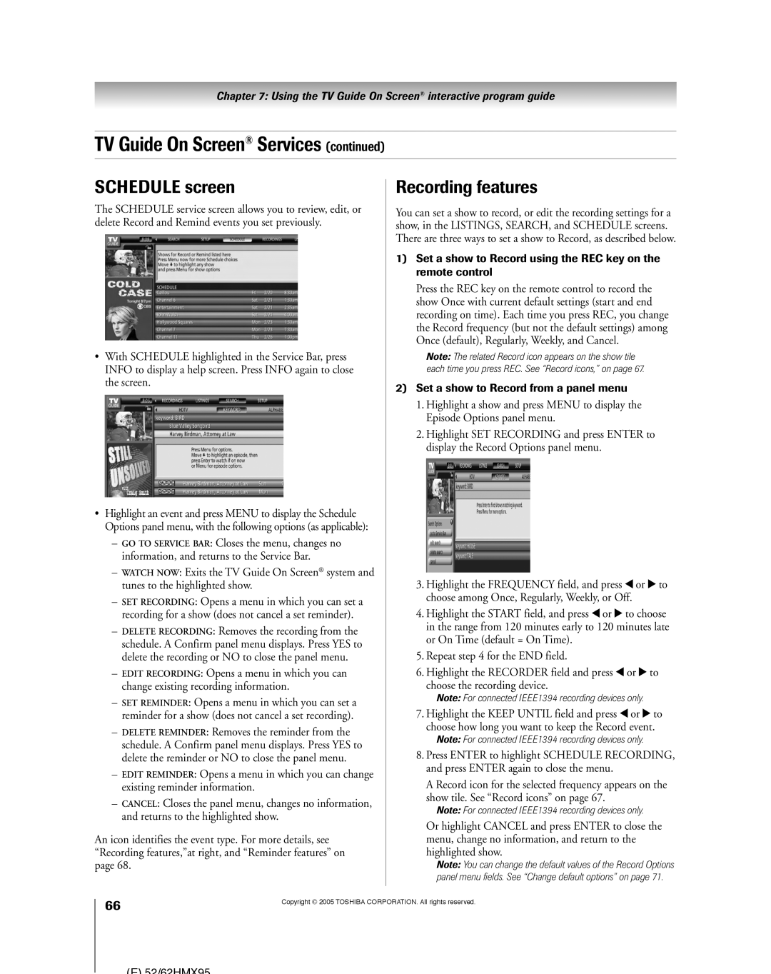 Toshiba 52HMX95, 62HMX95 owner manual Schedule screen, Recording features, Set a show to Record from a panel menu 