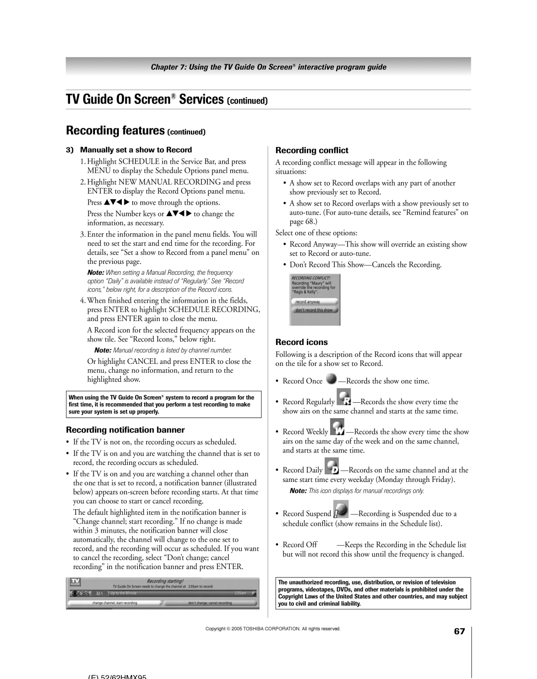 Toshiba 62HMX95, 52HMX95 Recording notification banner, Recording conflict, Record icons, Manually set a show to Record 