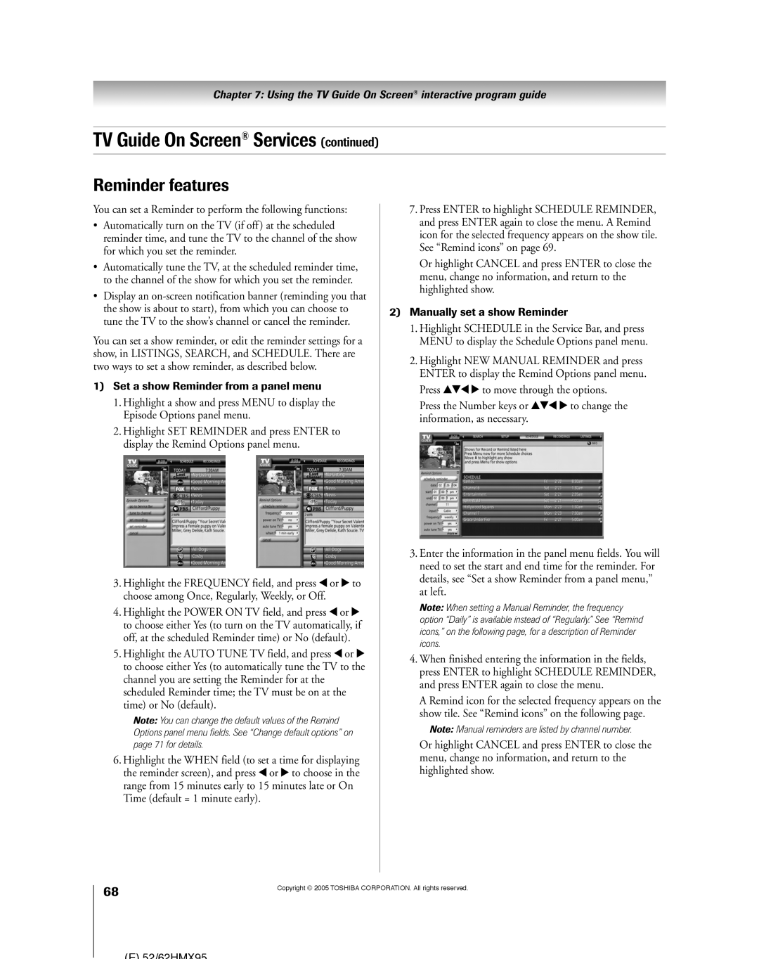 Toshiba 52HMX95, 62HMX95 owner manual Reminder features, Set a show Reminder from a panel menu, Manually set a show Reminder 