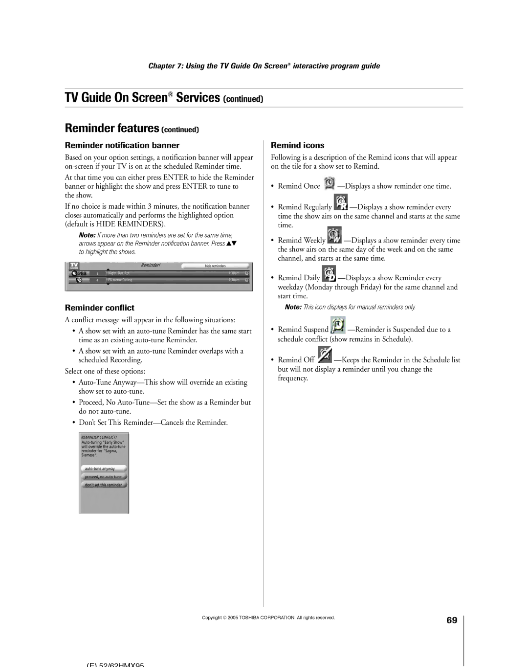 Toshiba 62HMX95, 52HMX95 owner manual Reminder notification banner, Reminder conflict, Remind icons 