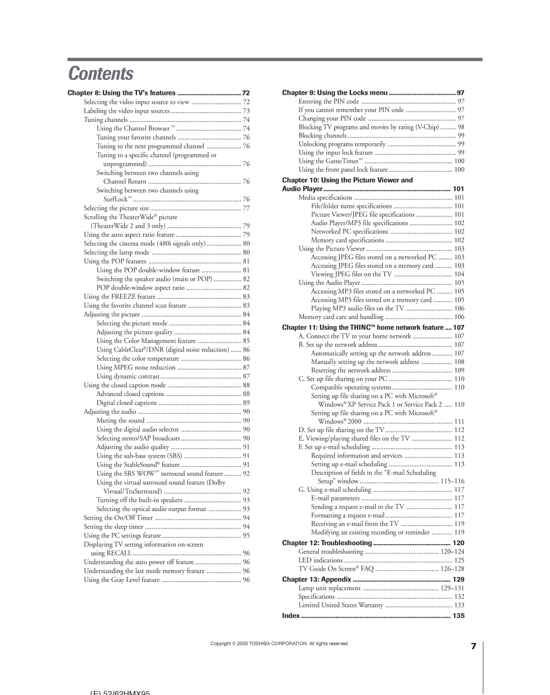 Toshiba 62HMX95, 52HMX95 owner manual Contents 