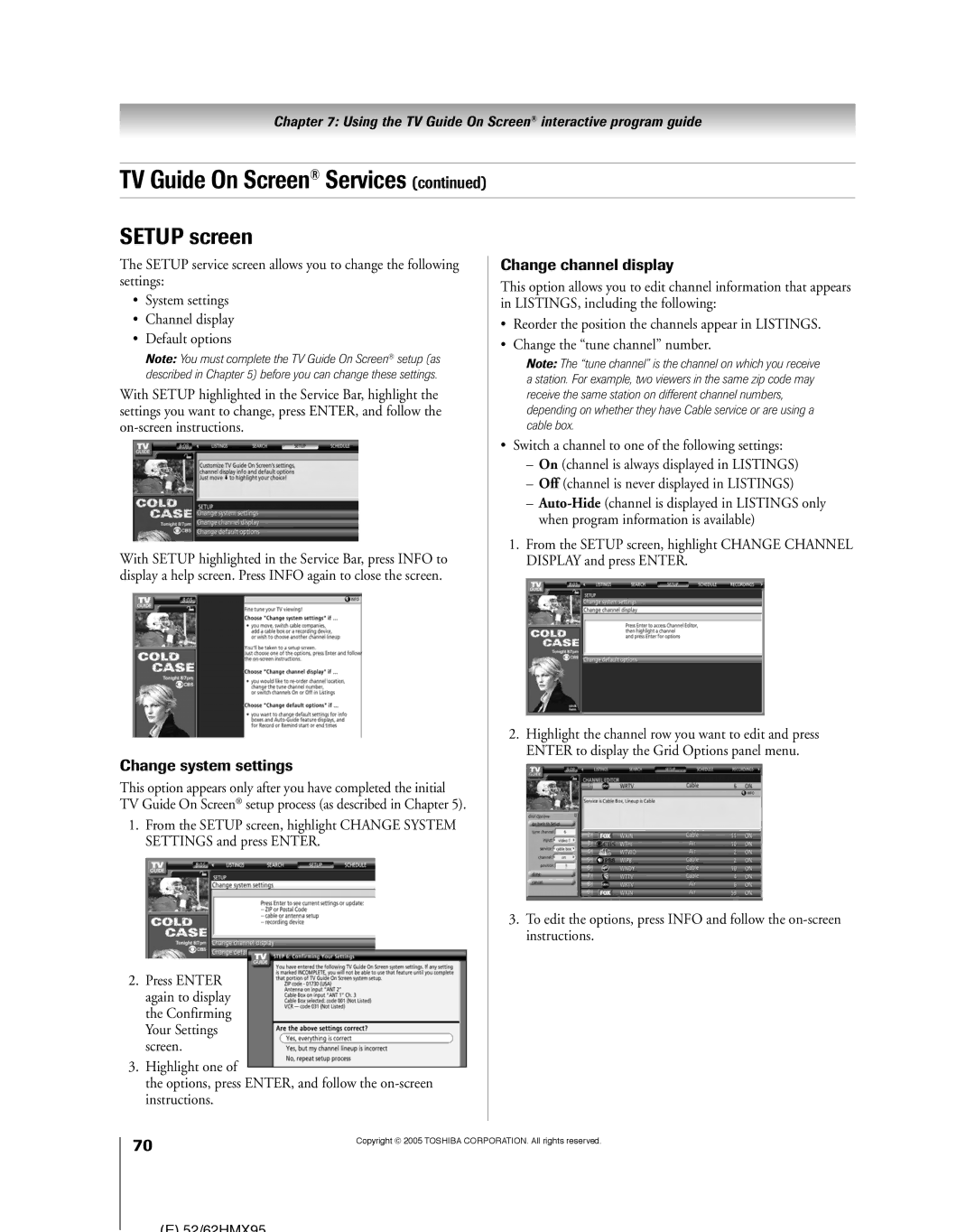 Toshiba 52HMX95, 62HMX95 owner manual Setup screen, Change system settings, Change channel display 