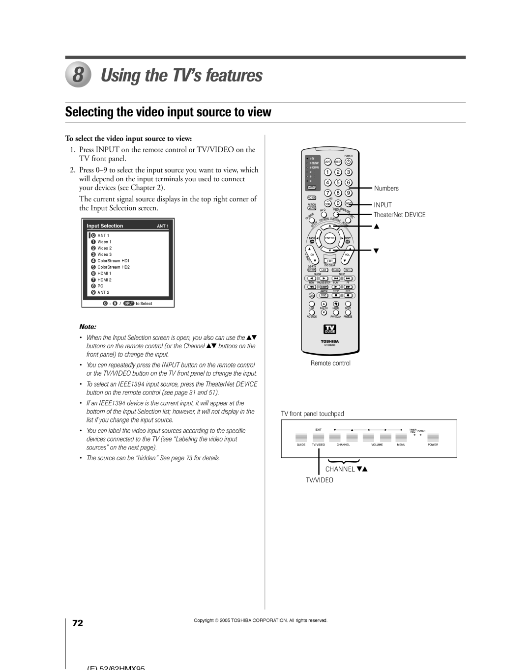 Toshiba 52HMX95, 62HMX95 owner manual Using the TV’s features, Selecting the video input source to view 