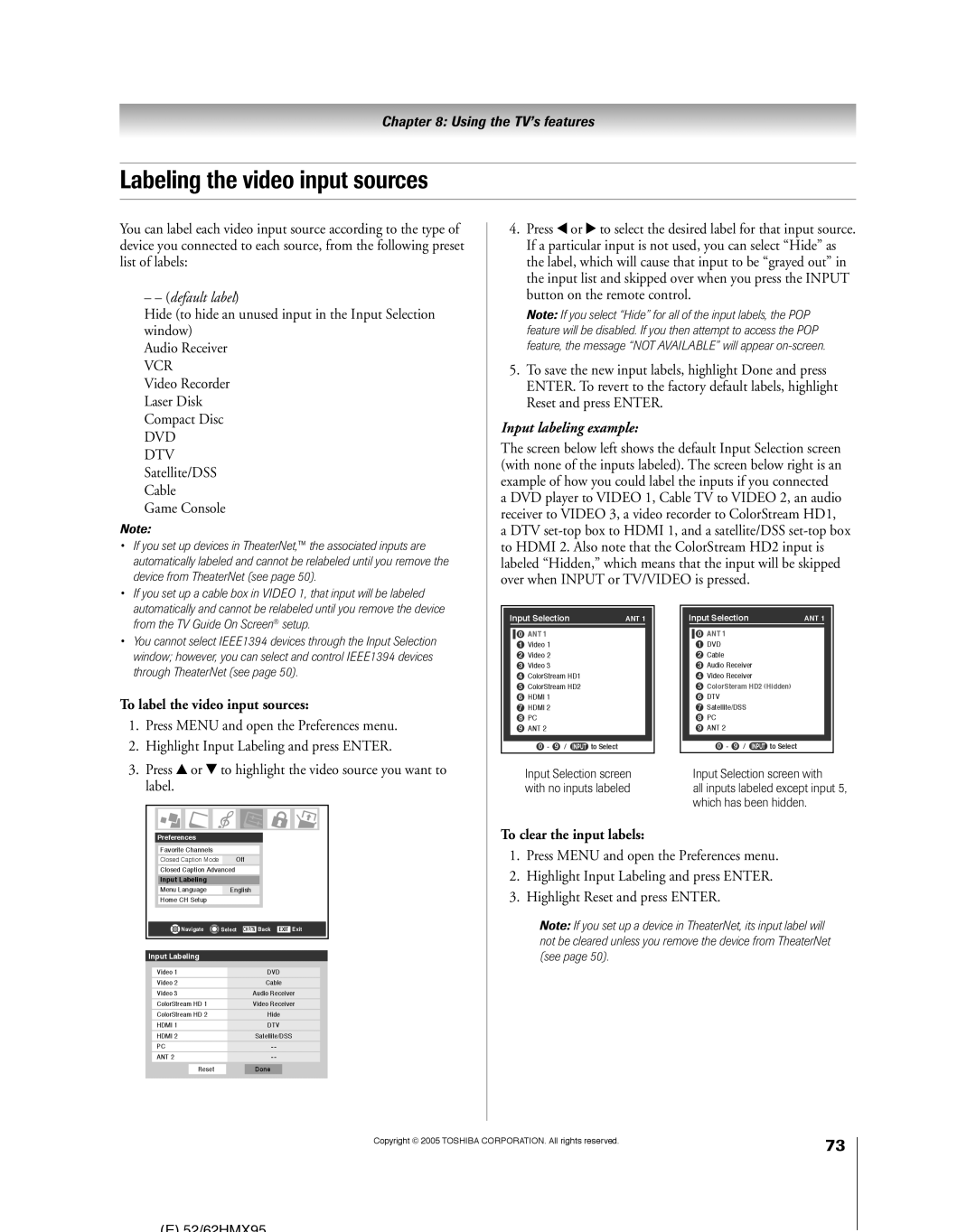 Toshiba 62HMX95 Labeling the video input sources, DTV Satellite/DSS Cable Game Console, To label the video input sources 