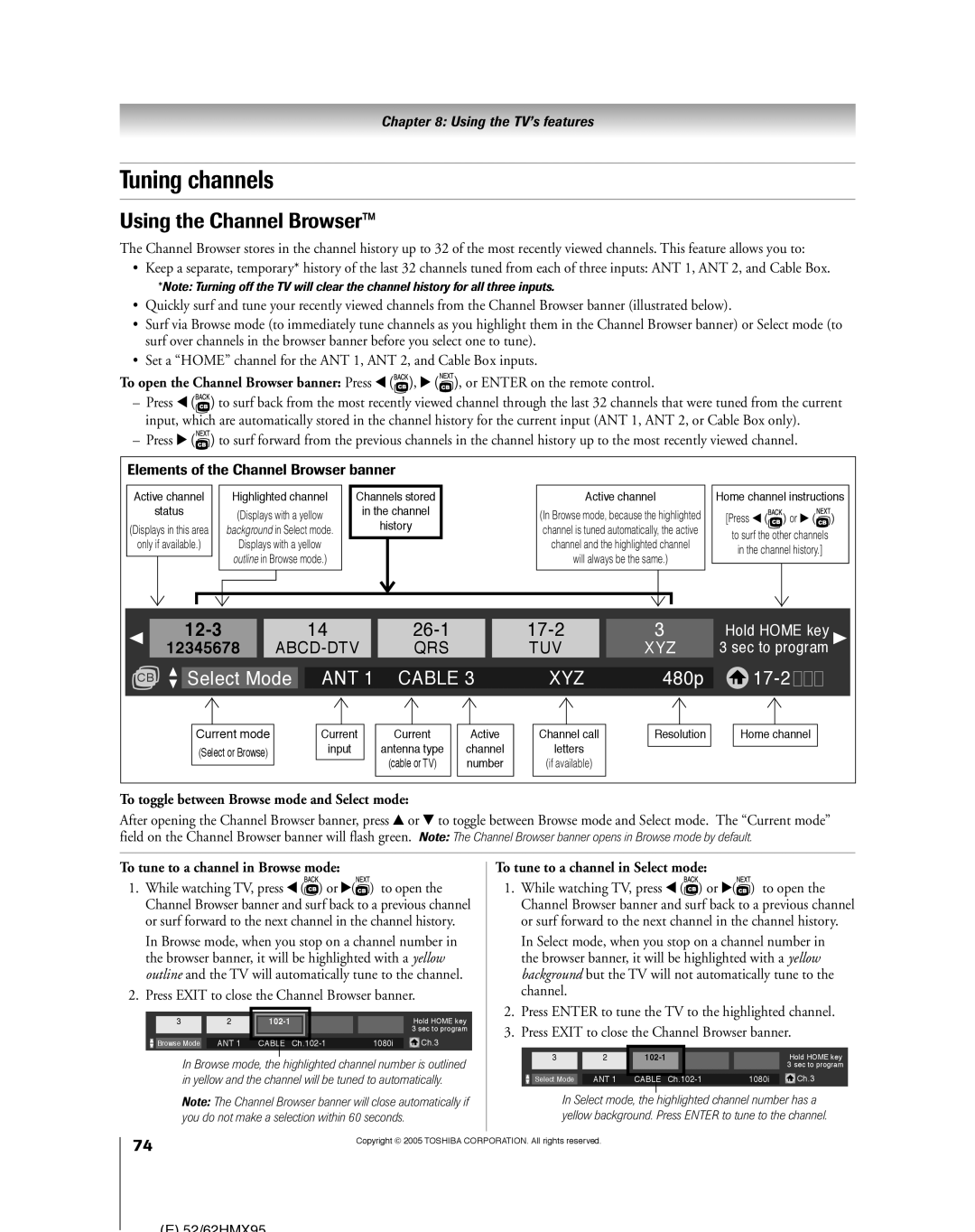 Toshiba 52HMX95, 62HMX95 Tuning channels, Using the Channel Browserª, To toggle between Browse mode and Select mode 