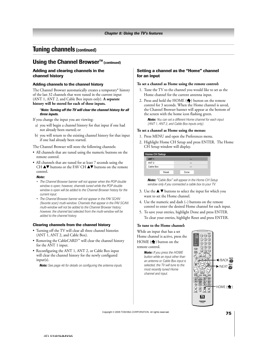 Toshiba 62HMX95 Adding and clearing channels in the channel history, Setting a channel as the ÒHomeÓ channel for an input 