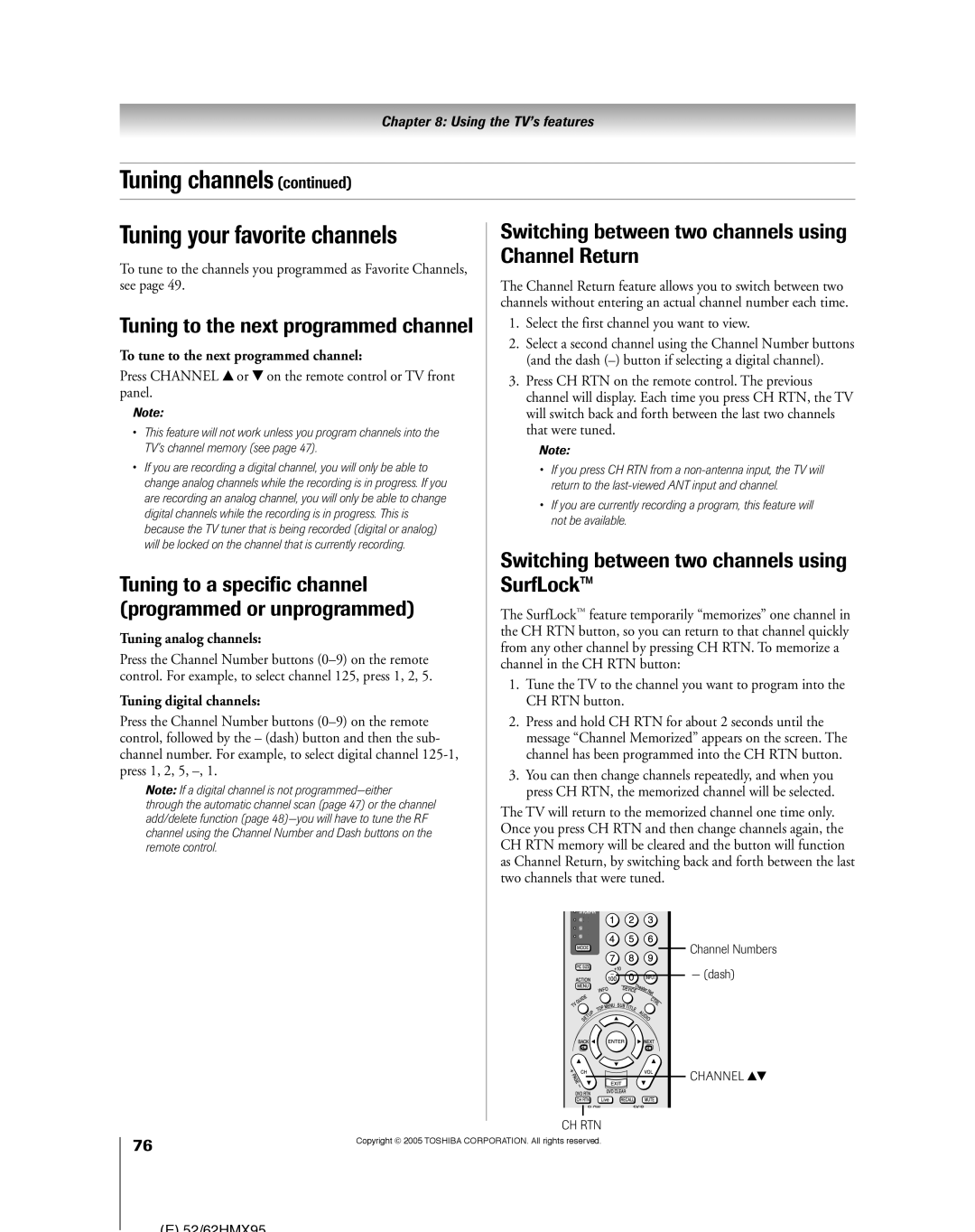 Toshiba 52HMX95, 62HMX95 owner manual Tuning channels Tuning your favorite channels 