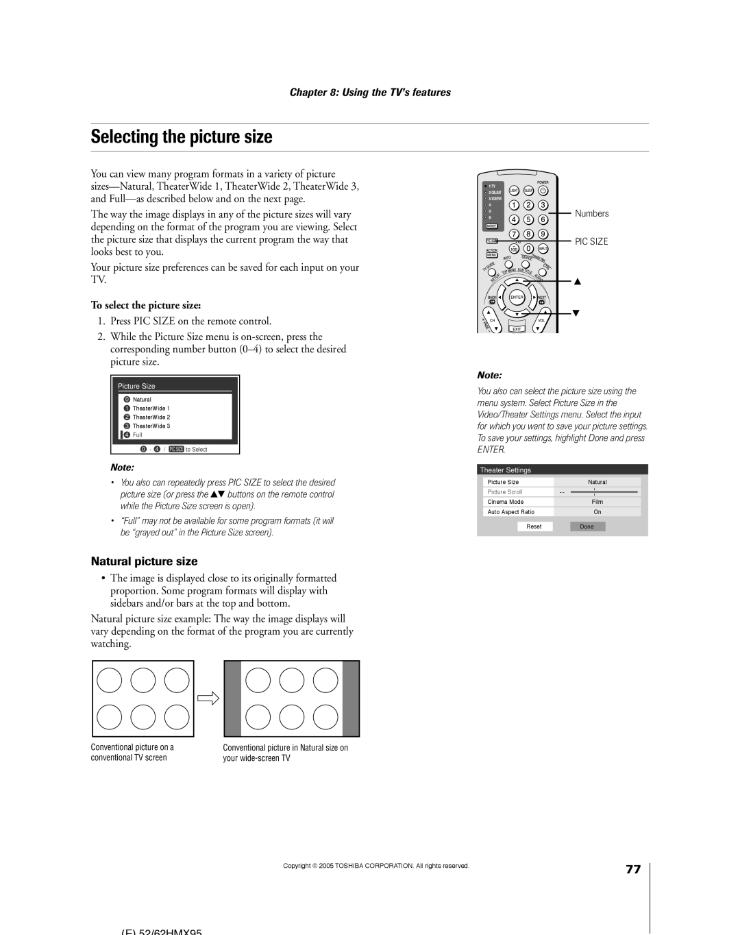 Toshiba 62HMX95, 52HMX95 owner manual Selecting the picture size, Natural picture size, To select the picture size 