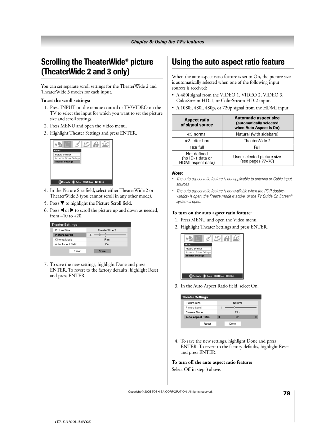 Toshiba 62HMX95, 52HMX95 Using the auto aspect ratio feature, Scrolling the TheaterWide¨ picture TheaterWide 2 and 3 only 