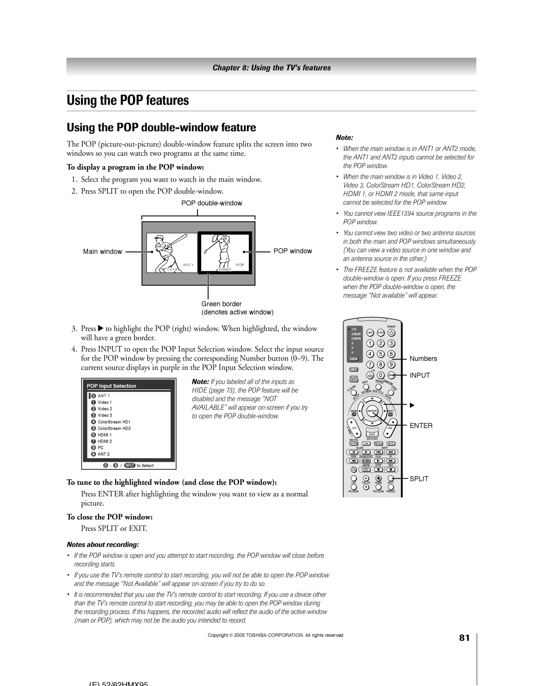 Toshiba 62HMX95 Using the POP features, Using the POP double-window feature, To display a program in the POP window 