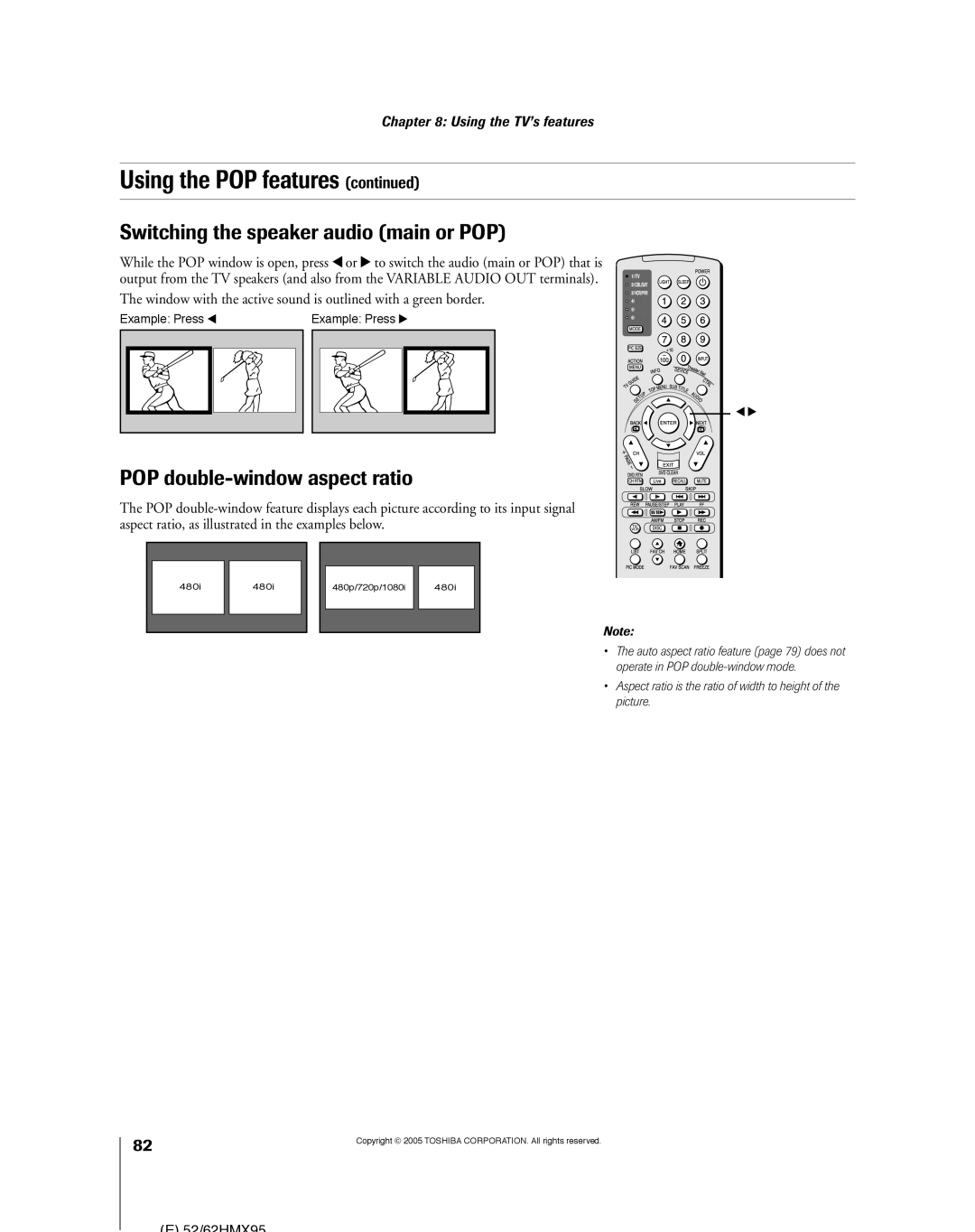 Toshiba 52HMX95, 62HMX95 owner manual Switching the speaker audio main or POP, POP double-window aspect ratio 