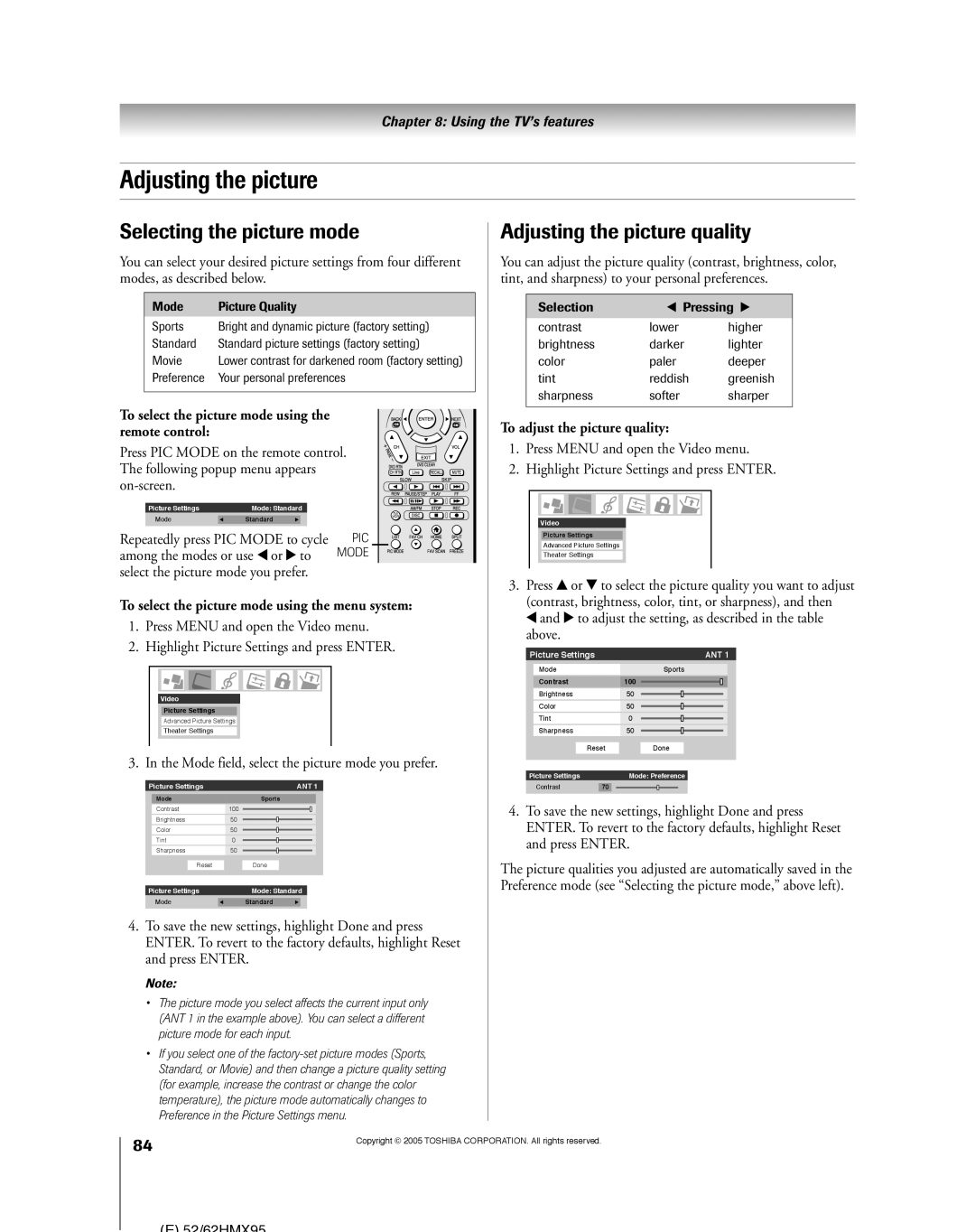 Toshiba 52HMX95, 62HMX95 owner manual Selecting the picture mode, Adjusting the picture quality 