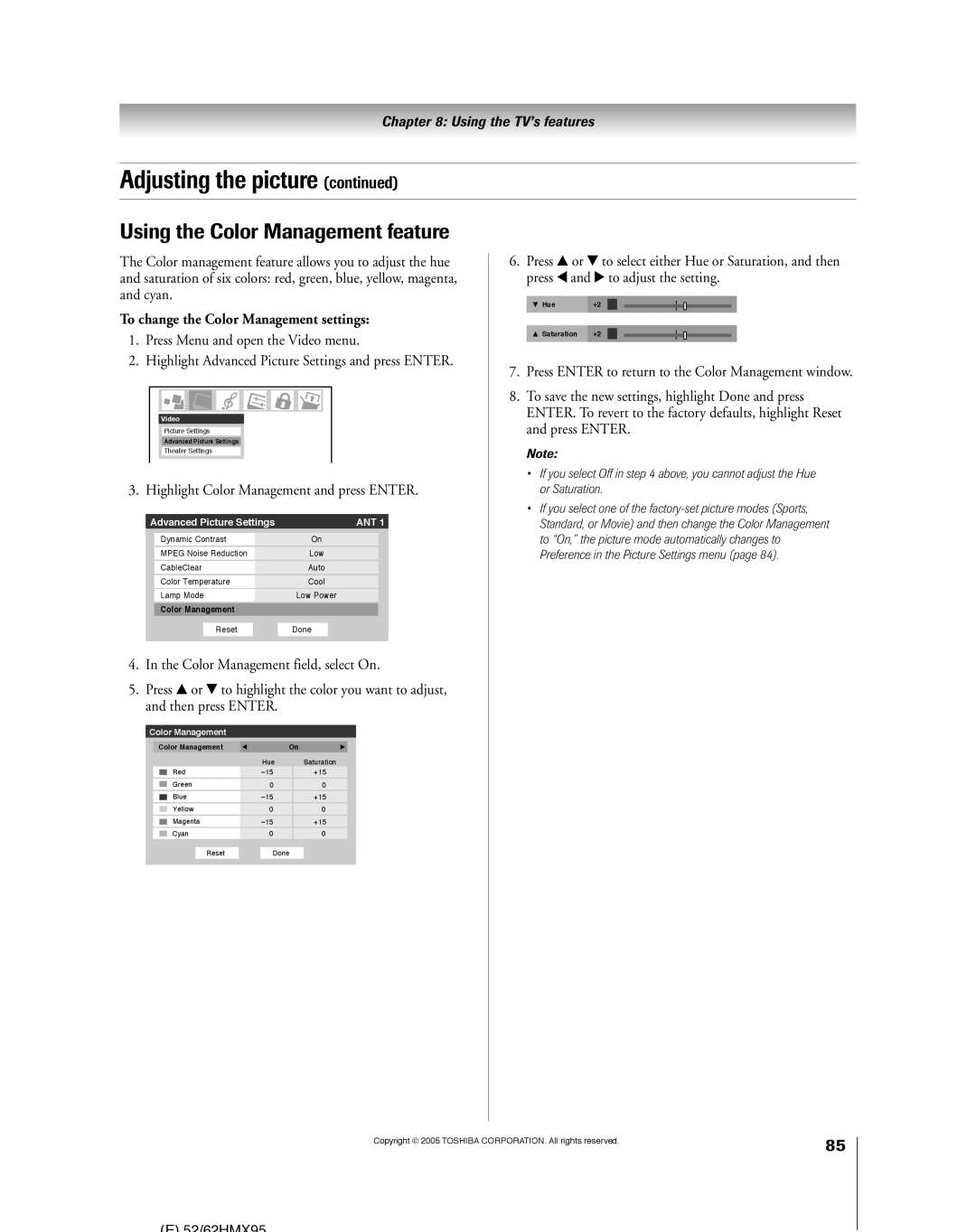 Toshiba 62HMX95, 52HMX95 owner manual Using the Color Management feature, To change the Color Management settings 