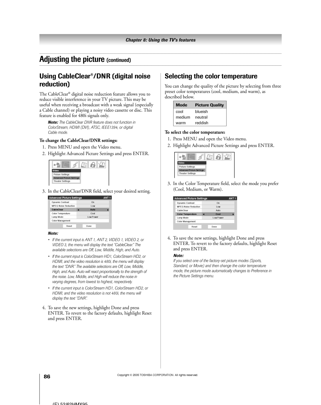 Toshiba 52HMX95, 62HMX95 owner manual Using CableClear¨/DNR digital noise reduction, Selecting the color temperature 