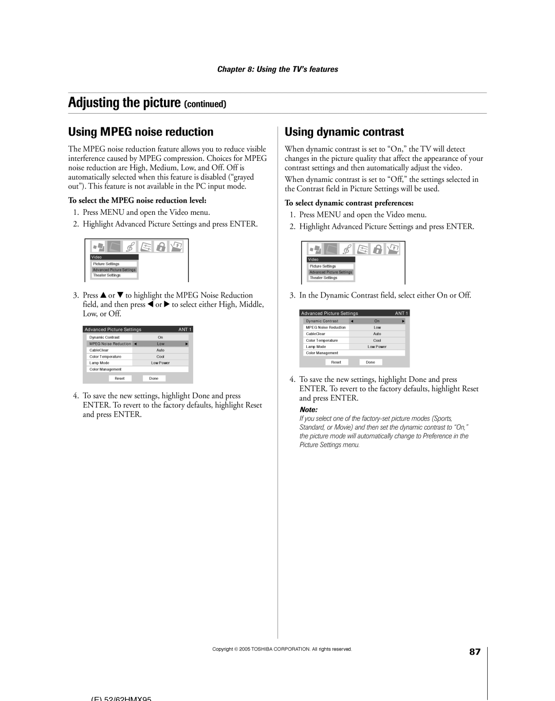 Toshiba 62HMX95, 52HMX95 Using Mpeg noise reduction, Using dynamic contrast, To select the Mpeg noise reduction level 