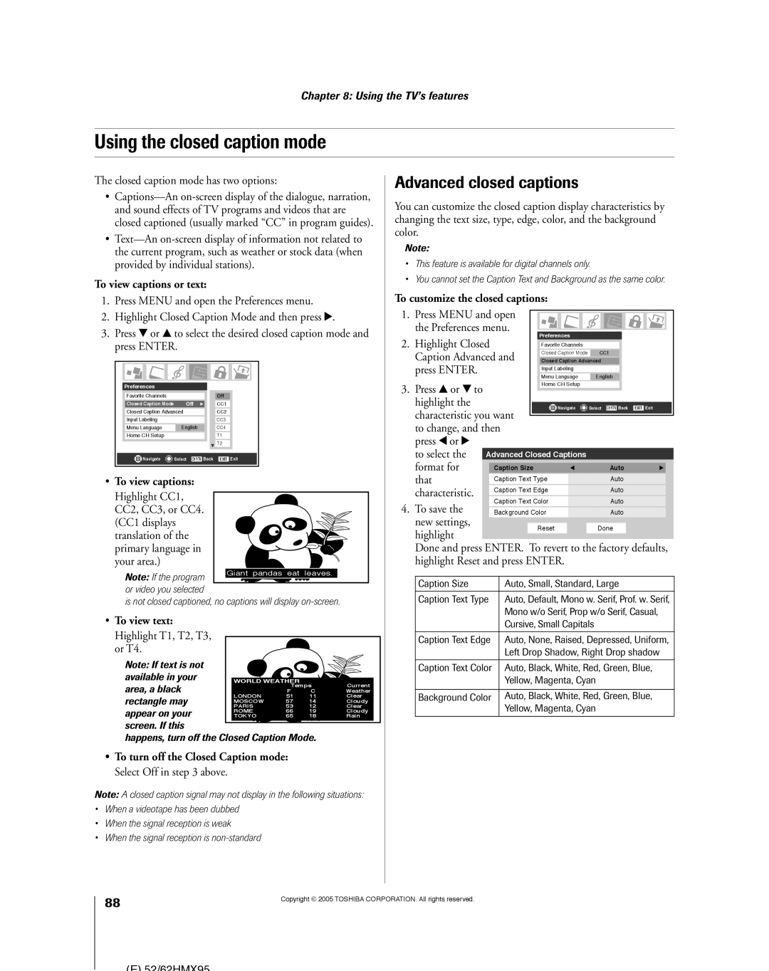 Toshiba 52HMX95, 62HMX95 Using the closed caption mode, Advanced closed captions, To view captions or text, To view text 