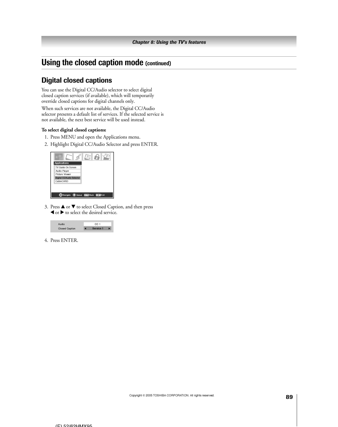 Toshiba 62HMX95, 52HMX95 owner manual Digital closed captions, To select digital closed captions 